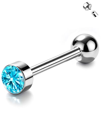 Jewseen ASTM F136 Hypoallergenic Titanium Super Light Tongue Ring Cute Crystal Internally Threaded 14G 16mm Piercing Jewelry-TIMELESS COLLECTION - color: Shallow Sea blue