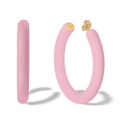 Gold Plated Multicolor Resin Chunky Thick Open Hoop Earrings in 57MM and 37.5MM Diameters - color: Pink - Pastel - Matte Finish, size: 57MM (2.24") Diameter