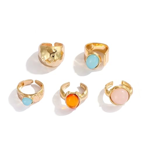 Chunky Gold Rings for Women Non Tarnish 6 PCS Vintage Stackable Flower Baroque Pearl Rhinestone Rings set Adjustable Trendy Statement Jewelry - color: Gold-29608