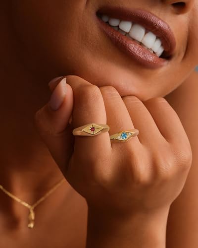 YeGieonr Gold Rings for Women Non Tarnish, 18K Gold Plated Stainless Steel North Star Signet Ring, Waterproof Dainty Pinky Statement Ring, Tarnish Free Gold Jewelry for Women - color: Rhombus Blue