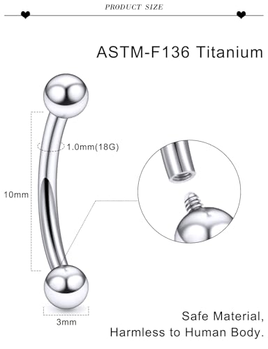20G 18G 16G 14G 12G 8G 6G 4G 2G Astm F136 Titanium Internal Thread Eyebrow Piercing Jewelry Curved Barbell Vertical Labret Lip Daith Rook Earrings Navel Belly Button Ring Piercing Jewelry - style: 18G, 10MM Length, Ball