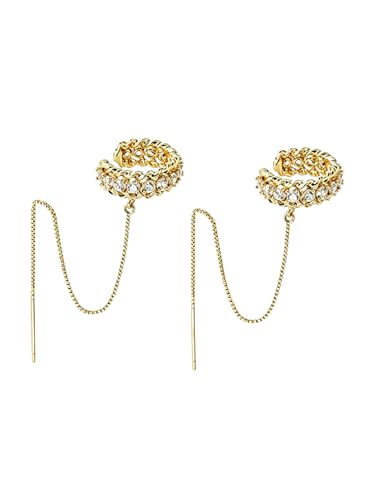 Long Chain Cuff Earrings Gold Silver Wrap Tassel Earrings Minimalist Cz Round Stud With Chain Cuff Double Piercing Jewelry Statement Fake Earrings for Women - color: style2-gold-2pcs