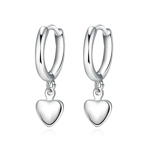 Charming Sterling Silver Heart Dangle Hoop Earrings - White Gold Plated, Huggie Style, Gift for Women