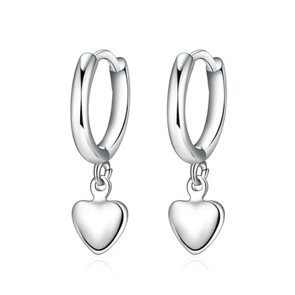 Charming Sterling Silver Heart Dangle Hoop Earrings - White Gold Plated, Huggie Style, Gift for Women