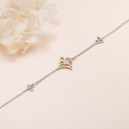 FLYOW 925 Sterling Silver Good Luck Irish Jewelry Triquetra Trinity Celtic Witches Knot Bracelet for Women - color: Silver and Golden