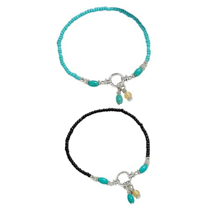 Turquoise Beaded Anklet for Women - Boho Summer Beach Foot Jewelry, Elegant Seed Bead Chain with Metal Ring & Tassels - color: Black+Blue