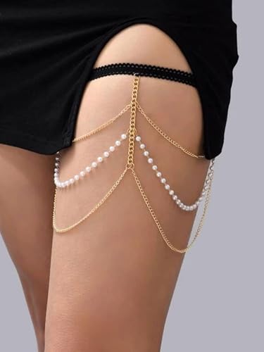 Snake Thigh Chain for Women, Medusa Serpent Garter Leg Jewelry, Gothic Leg Accessories for Halloween Costume, Festival Fashion - style: X Gold Pearl Bead Thigh Chain