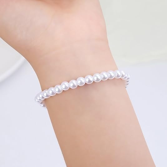30 PCS Pearl Bracelets for Women, Stretch Bridesmaid Faux Pearl Beaded Bracelets Set, Bulk Wedding Bridal Party Favor Jewelry Gifts(White) - color: 50 White