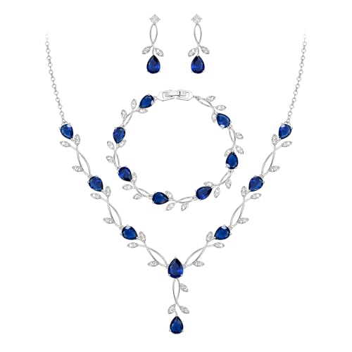 EVER FAITH Cubic Zirconia Pearl Leaf Bridal Jewelry Set for Bride Women | White Wedding Prom Necklace Dangle Earrings Bracelet, for Bridesmaid - color: CZ_Blue Silver-Plated-Brass