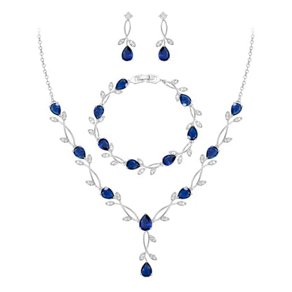 EVER FAITH Cubic Zirconia Pearl Leaf Bridal Jewelry Set for Bride Women | White Wedding Prom Necklace Dangle Earrings Bracelet, for Bridesmaid - color: CZ_Blue Silver-Plated-Brass