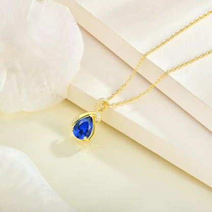 Infinity Birthstone Necklace for Women, Gold Plated Teardrop Cubic Zirconia Pendant, Created Gemstone Twist Necklace for Birthday, Her, Mom, Friend - color: Sapphire-blue-Sept.