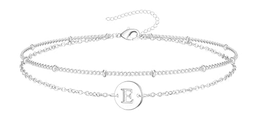 Inerney Personalized Gold Initial Bracelets for Women - Dainty 14K Gold Plated Layered Disc Monogram Charm Bracelet, Customizable A-Z Letter Jewelry Gift for Her - color: E, size: 8.5 inches silver