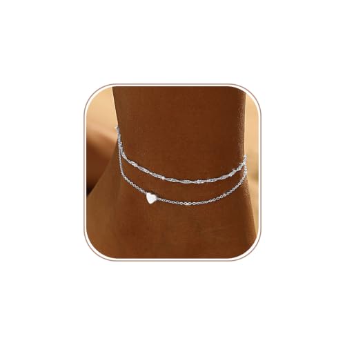 Gold/Silver Ankle Bracelets for Women Waterproof Dainty 14K Gold Plated Pearl Heart Love Anklet Bracelet Satellite Cuban Link Beads Summer Beach Jewelry Gifts - style: Heart pendant + wave satellite-silver-154