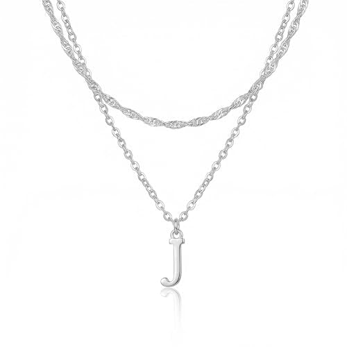 14K Gold Plated Initial Necklaces for Women Dainty Layered Letter Pendant Necklace Cute Choker Necklace Gift Trendy Stuff Personalized Jewelry Stack for Women Her - color: Silver, style: J