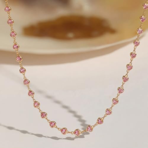 Colorful Necklace for Women,14K Gold Plated Chain With Crystal Necklace Womens Statement Cute Trendy Surfer Beach Choker Necklaces Gifts - color: Pink Heart