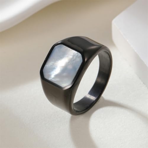 PAURO Men's Stainless Steel Minimalist Square Shell Stone Crystal Signet Ring Plated Glossy Wedding Band - color: Black