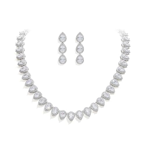 EleQueen Women's Silver-Tone Full Prong Cubic Zirconia Teardrop Bridal Necklace Earrings Set - color: 02-Clear