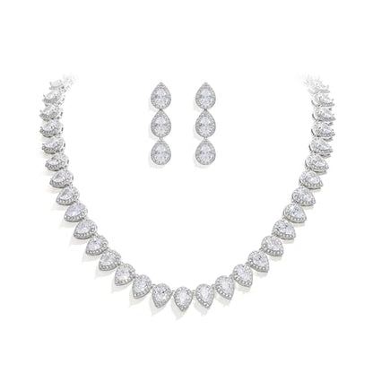 EleQueen Women's Silver-Tone Full Prong Cubic Zirconia Teardrop Bridal Necklace Earrings Set - color: 02-Clear