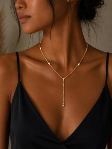 Lariat Gold Necklace for Women Dainty Long Necklaces 14k Gold Plated CZ Y Drop Chain Necklace Trendy Gold Jewelry Gifts - color: 5 Zircon-Y Necklace-gold-774