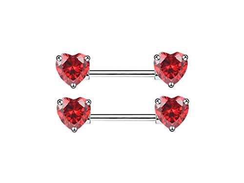 HQLA 14G Dainty CZ Love Heart Nipple Rings Tongue Ring Surgical Steel Nipple rings Piercing Women Barbells 2Pcs 25/8"(16mm) - style: Silver - Style A - Red Heart CZ