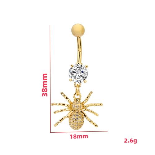 14G Crystal Spider Dangle Belly Button Ring for Women Men Stainless Steel Cubic Zirconia Statement Goth Insect Charm Navel Rings Curved Barbell Simple Sexy Halloween Body Piercing Jewelry - color: Gold