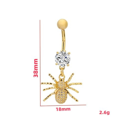 14G Crystal Spider Dangle Belly Button Ring for Women Men Stainless Steel Cubic Zirconia Statement Goth Insect Charm Navel Rings Curved Barbell Simple Sexy Halloween Body Piercing Jewelry - color: Gold