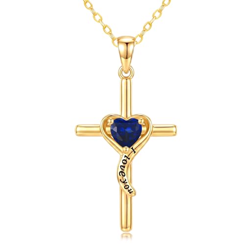 14K Gold Cross Necklace for Women Dainty Birthstone Pendant | Heart I Love You Romantic Jewelry Anniversary Christian Religious Baptism Birthday Gifts with 18"+2" Adjustable Chain - color: 14K Gold-09-Sep Birthstone