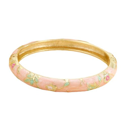 Cloisonne Bracelet For Women, Chunky Bangle Trendy Cute Flower Enamel Bangles Multi Tone Engraved Cuff Gold Plated Bracelets Stackable Wife Jewelry Friendship Gift - color: Pink