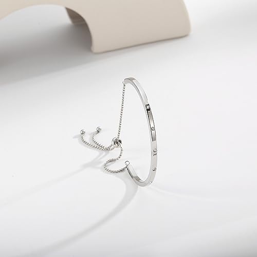 14K Gold Bracelets for Women Adjustable Slider Bracelet Bangle Bracelets for Women Trendy Chain Bracelet - color: Silver CZ Bar