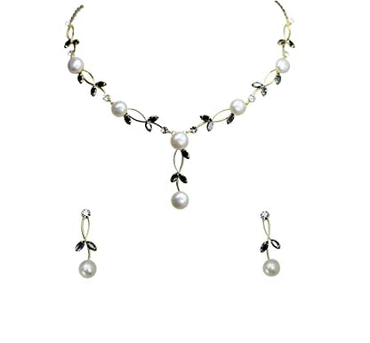 Faship Genuine Freshwater Pearls Floral Necklace Earrings Set | Premium CZ Crystal, Gorgeous, Sparkling - color: Black / Gold Plated