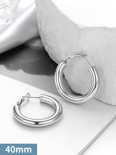 PROSTEEL Chunky Hoop Earrings for Women 14K Gold Plated/Black/Silver | 20/30/40/50/60/70/80mm Stainless Steel Thick Big Round Hoop with Waterproof and Non Tarnish Trendy Jewelry with Gift Box - color: 1. Silver, size: 40MM