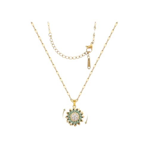 Sunflower Fidget Necklace for Women Gold Moon Necklace Rotating Heart Necklaces Spinning Crystal Flower Anxiety Necklaces Crescent Moons Jewelry Accessories - color: Green