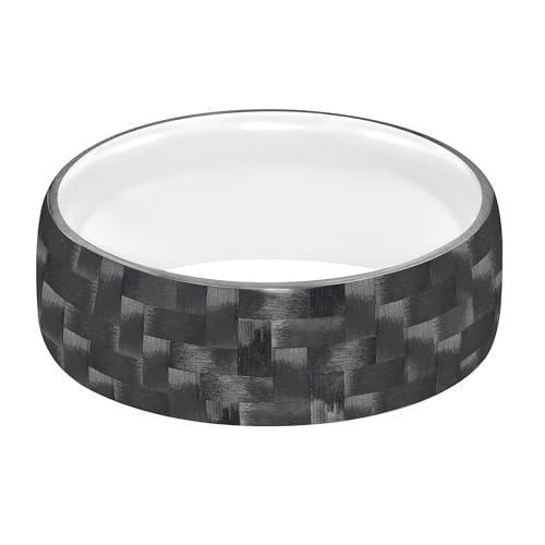 Men’s Tungsten Carbide Wedding Band – 9mm Woven Black Carbon Fiber Exterior Ring with White Tungsten Interior, Flat Low Dome Profile, Comfort Fit, Scratch Resistant & Hypoallergenic by Brilliant