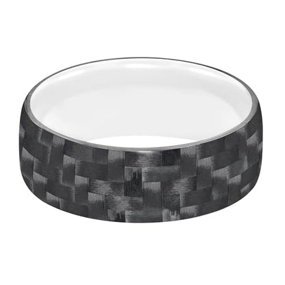 Men’s Tungsten Carbide Wedding Band – 9mm Woven Black Carbon Fiber Exterior Ring with White Tungsten Interior, Flat Low Dome Profile, Comfort Fit, Scratch Resistant & Hypoallergenic by Brilliant