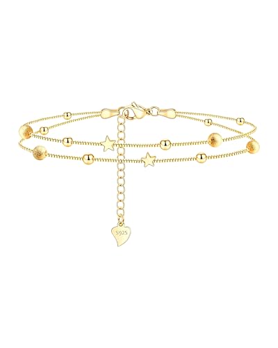 Silver Ankle Bracelets for Women, Butterfly/Stars Cute Charm Anklet, 14K Gold Plated Layered Chain Anklets for Women Teen Girls - style: Star-Gold