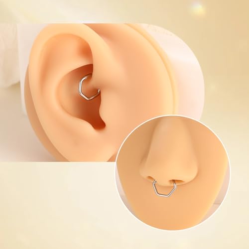 FUNLMO Septum Ring Nose Ring Daith Piercing Jewelry 316L Surgical Steel Hexagon Septum Jewelry Tragus Helix Rook Cartilage Conch Piercing Jewelry - color: Silver