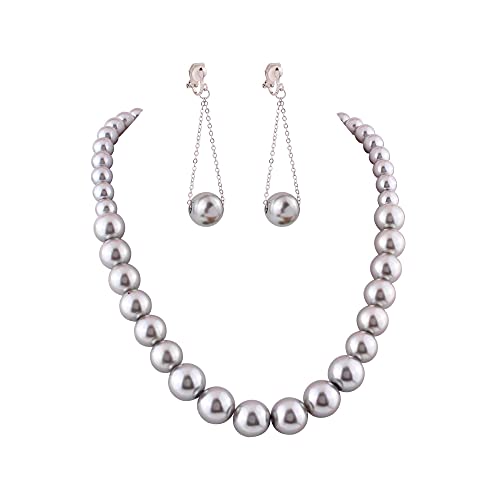 Handmade Faux Pearl Necklace and Clip on Earrings Jewelry Sets for Women Bib Choker Collar Necklace - color: Grey-Necklace+Tassel Clip Earrings