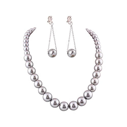 Handmade Faux Pearl Necklace and Clip on Earrings Jewelry Sets for Women Bib Choker Collar Necklace - color: Grey-Necklace+Tassel Clip Earrings