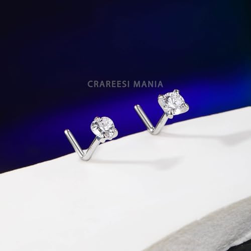 14K Real Gold Nose Studs 20G Nose Rings Studs L Shaped Nose Rings for Women Men Diamond CZ Nose Piercing - color: White Gold-Round CLCZ
