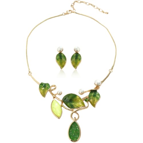 Vintage Statement Jewelry Set - Chunky Flower Floral Plant Geometric Resin Bib Necklace Earring Set Bohemian Boho Crystal Rhinestone Fashion Jewelry for Women Bridal Party Prom Unique Gift - style: MLJS2609-Green