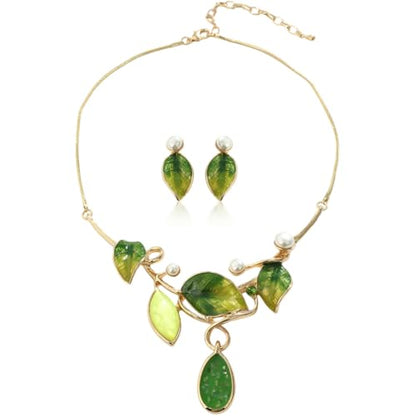 Vintage Statement Jewelry Set - Chunky Flower Floral Plant Geometric Resin Bib Necklace Earring Set Bohemian Boho Crystal Rhinestone Fashion Jewelry for Women Bridal Party Prom Unique Gift - style: MLJS2609-Green