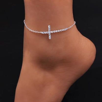 Fesciory Silver Ankle Bracelets for Women, Adjustable Rhinestone Pendant Tennis Anklet, Butterfly Heart Infinite Diamond Summer Beach Foot Chain Jewelry Gifts - style: Cross1