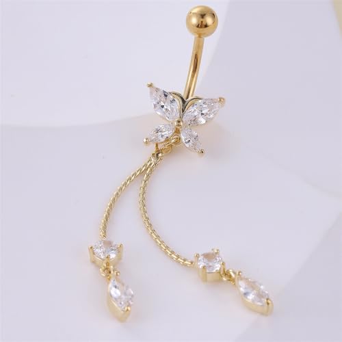14G CZ Butterfly Tassel Dangle Belly Button Rings for Women Hypoallergenic Stainless Steel Navel Ring 3/8 Inch Belly Piercing Barbell Dainty Navel Piercing Jewelry - color: Gold