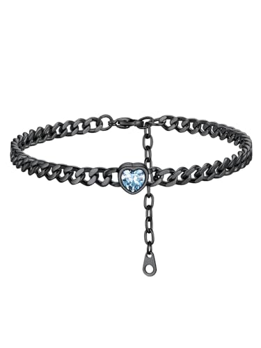 ChainsHouse Cuban Chain Anklets for Women with Heart Birthstone Jan - Dec | Stainless Steel Black Link Chain Ankle Bracelet with Birthstone, Beach Women Anklet 22cm-27cm Adjustable, with Gift Box - color: 03. Mar-Aquamarine-Black