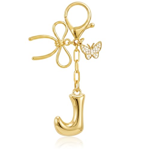 Gold Bubble Heart, Cherry, Bow & More Designs Letter Initial Keychain Bag Charms – Cute Purse Charms for Handbags - color: Bow & Butterfly, style: J