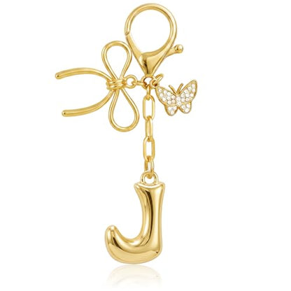 Gold Bubble Heart, Cherry, Bow & More Designs Letter Initial Keychain Bag Charms – Cute Purse Charms for Handbags - color: Bow & Butterfly, style: J