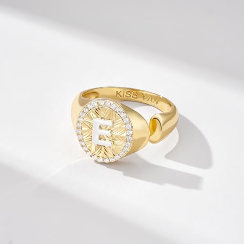 KissYan 14K Gold Plated Initial Ring for Women | Adjustable CZ Halo Letter Signet Ring, Personalized Monogram Statement Jewelry Gift, Tarnish Resistant - style: Letter E