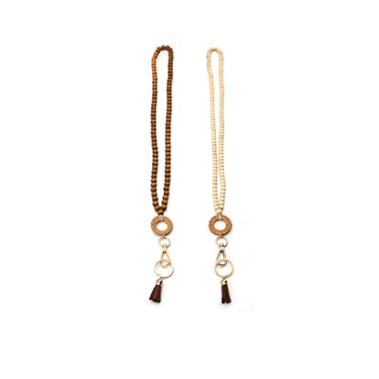 COLORFUL BLING Handmade Braided Rattan Straw Wicker Y-Shaped Long Chain Tassel Necklace Wooden Beads Statement Lanyards Pendant Necklace Women Jewelry