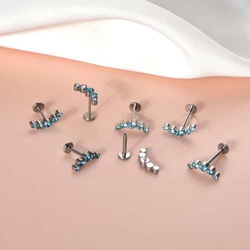 Lantine Threadless Flat Back Stud Earrings Implant Grade F136 titanium Climber Cartilage Earring Lip Labret Medusa Tragus Inner Conch Helix Piercing Jewelry - color: Blue Cz, size: 18g 8mm
