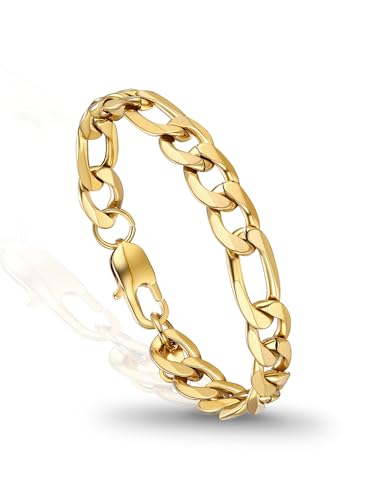 PROSTEEL Bracelets for Men, Figaro/Cuban Mens Bracelet, Silver/Gold/Black | 6/9/13mm Width, 7.5/8.3/9" Length, Stainless Steel Mens Bracelet, Durable & Non Tarnish, Chunky Jewelry with Gift Box - style: B 9mm-Figaro-Gold